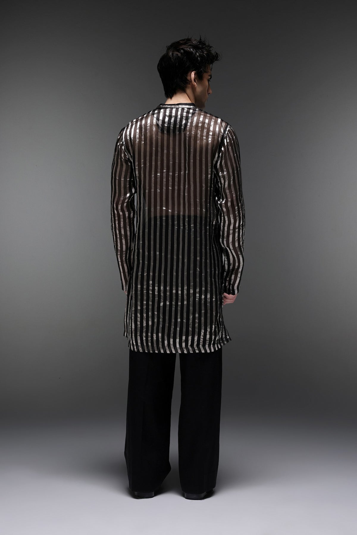 Black Tissue Stripes - Hand Embroidered Designer Kurta - Black