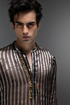 Black Tissue Stripes - Hand Embroidered Designer Kurta - Black