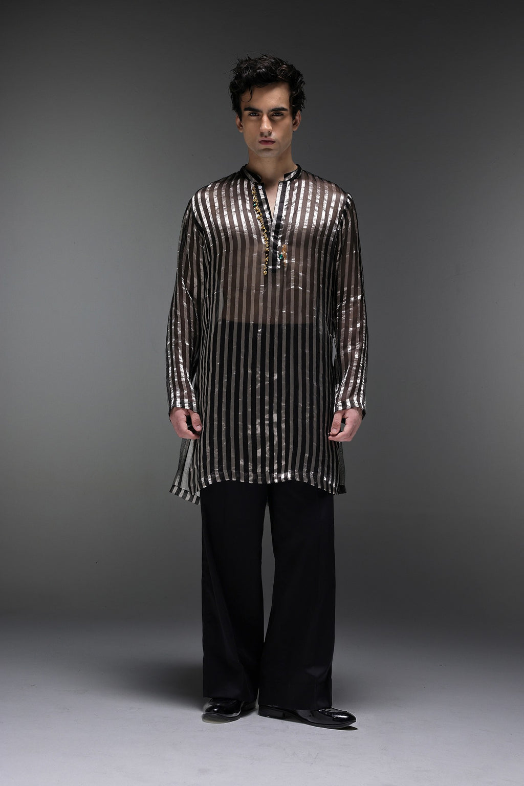 Black Tissue Stripes - Hand Embroidered Designer Kurta - Black