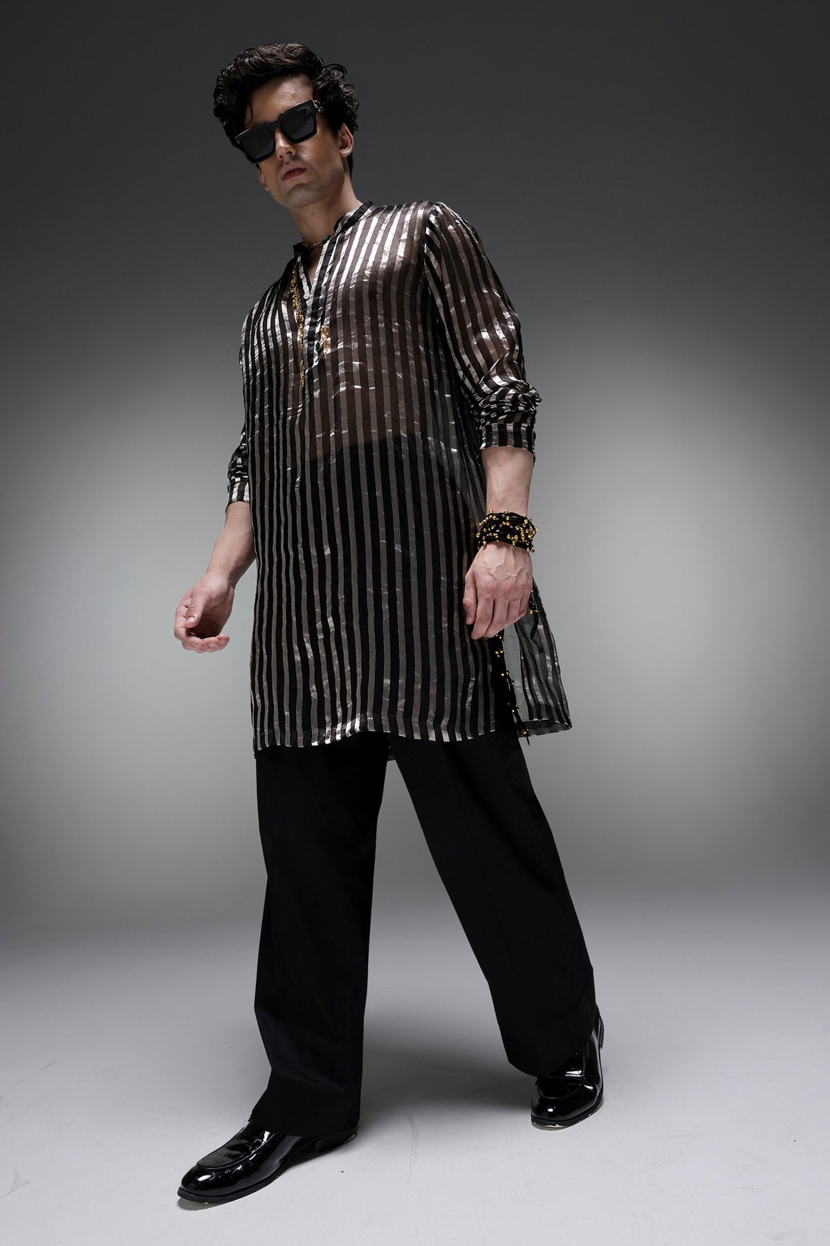 Black Tissue Stripes - Hand Embroidered Designer Kurta - Black