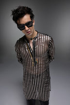 Black Tissue Stripes - Hand Embroidered Designer Kurta - Black