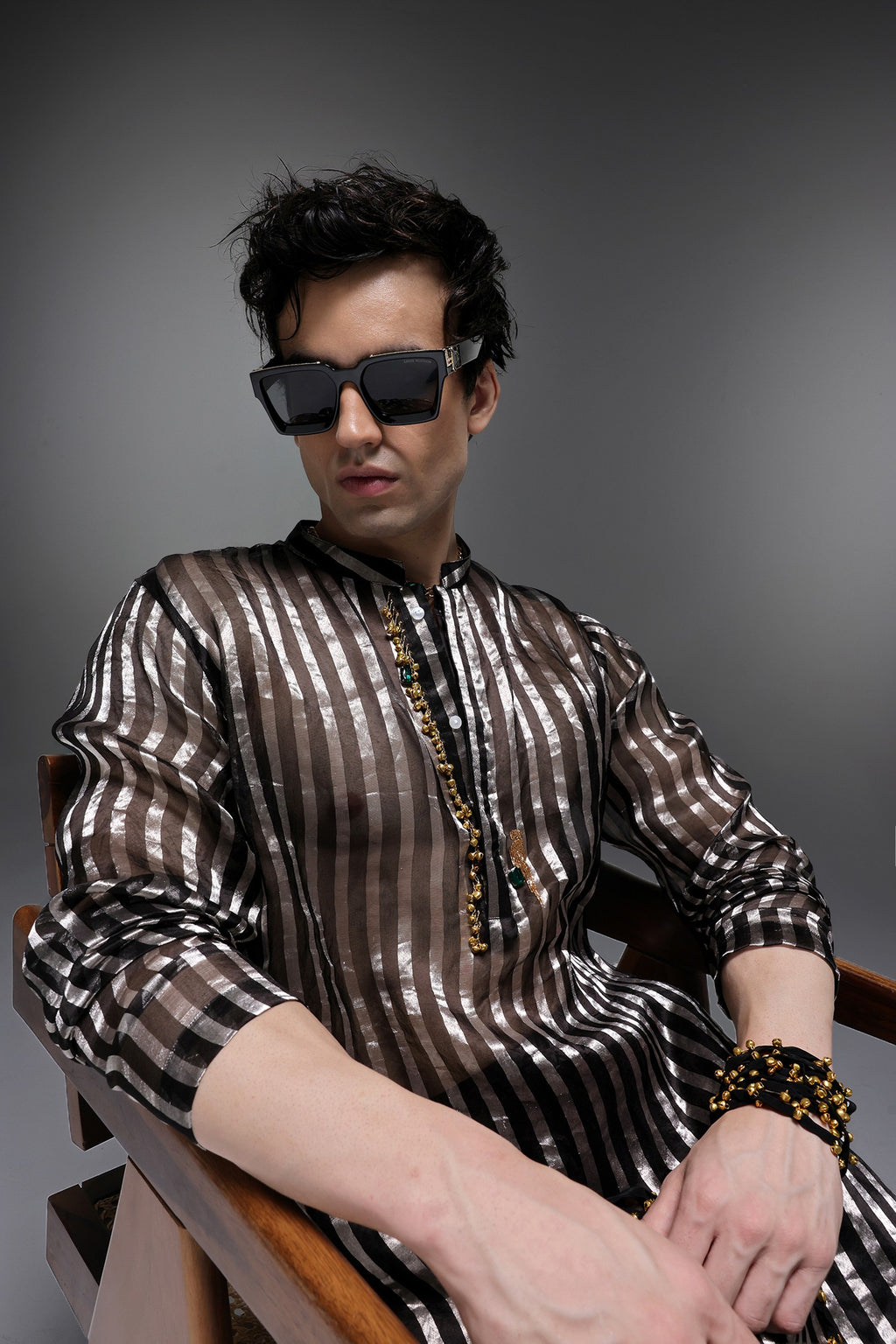 Black Tissue Stripes - Hand Embroidered Designer Kurta - Black