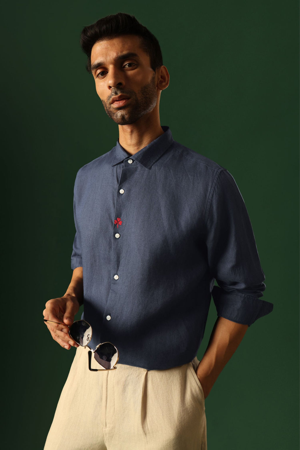 Leaf Hand Embroidered Irish Linen Shirt - Navy