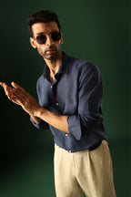 Leaf Hand Embroidered Irish Linen Shirt - Navy