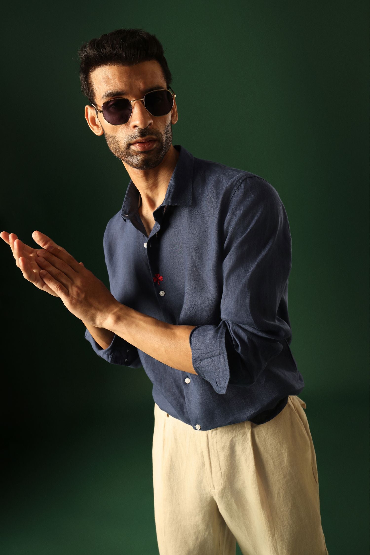 Leaf Hand Embroidered Irish Linen Shirt - Navy