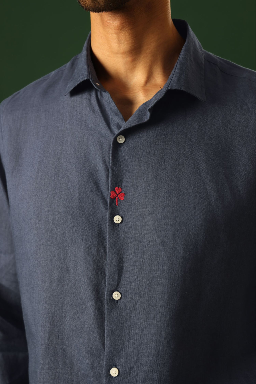 Leaf Hand Embroidered Irish Linen Shirt - Navy