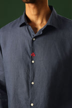Leaf Hand Embroidered Irish Linen Shirt - Navy