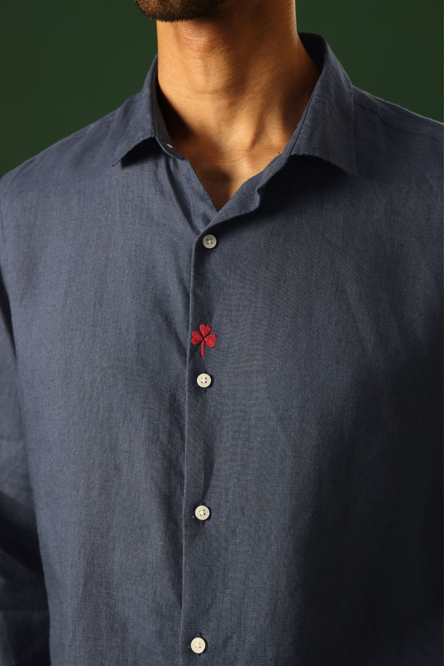 Leaf Hand Embroidered Irish Linen Shirt - Navy