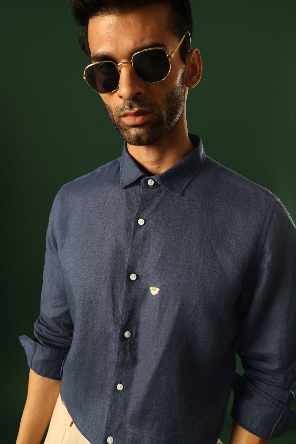 Daisy Hand Embroidered Irish Linen Shirt - Navy