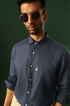 Daisy Hand Embroidered Irish Linen Shirt - Navy