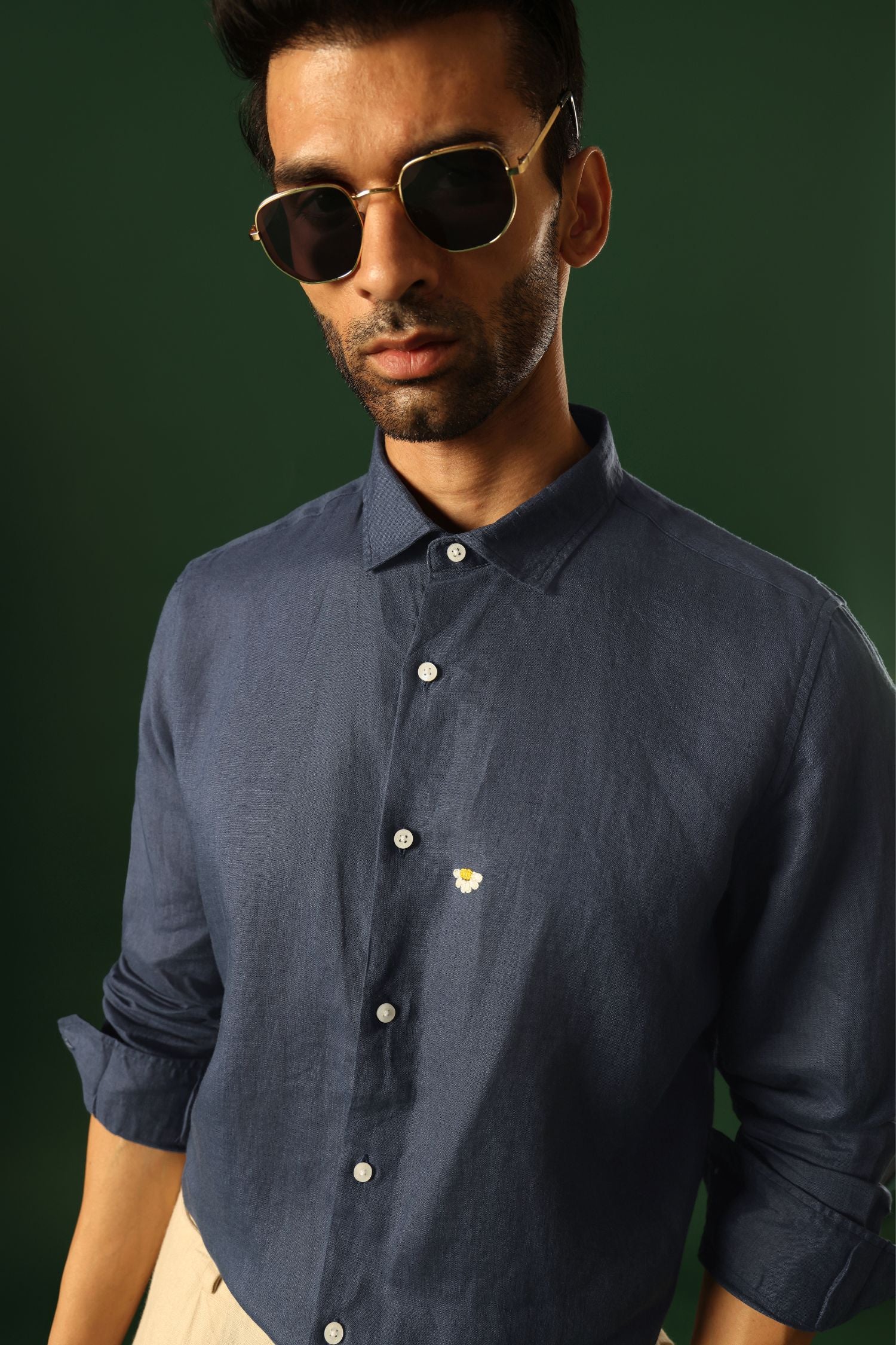 Daisy Hand Embroidered Irish Linen Shirt - Navy