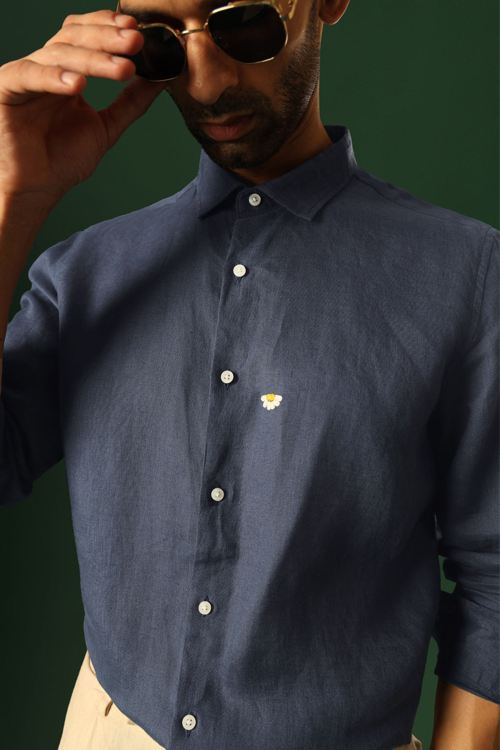 Daisy Hand Embroidered Irish Linen Shirt - Navy
