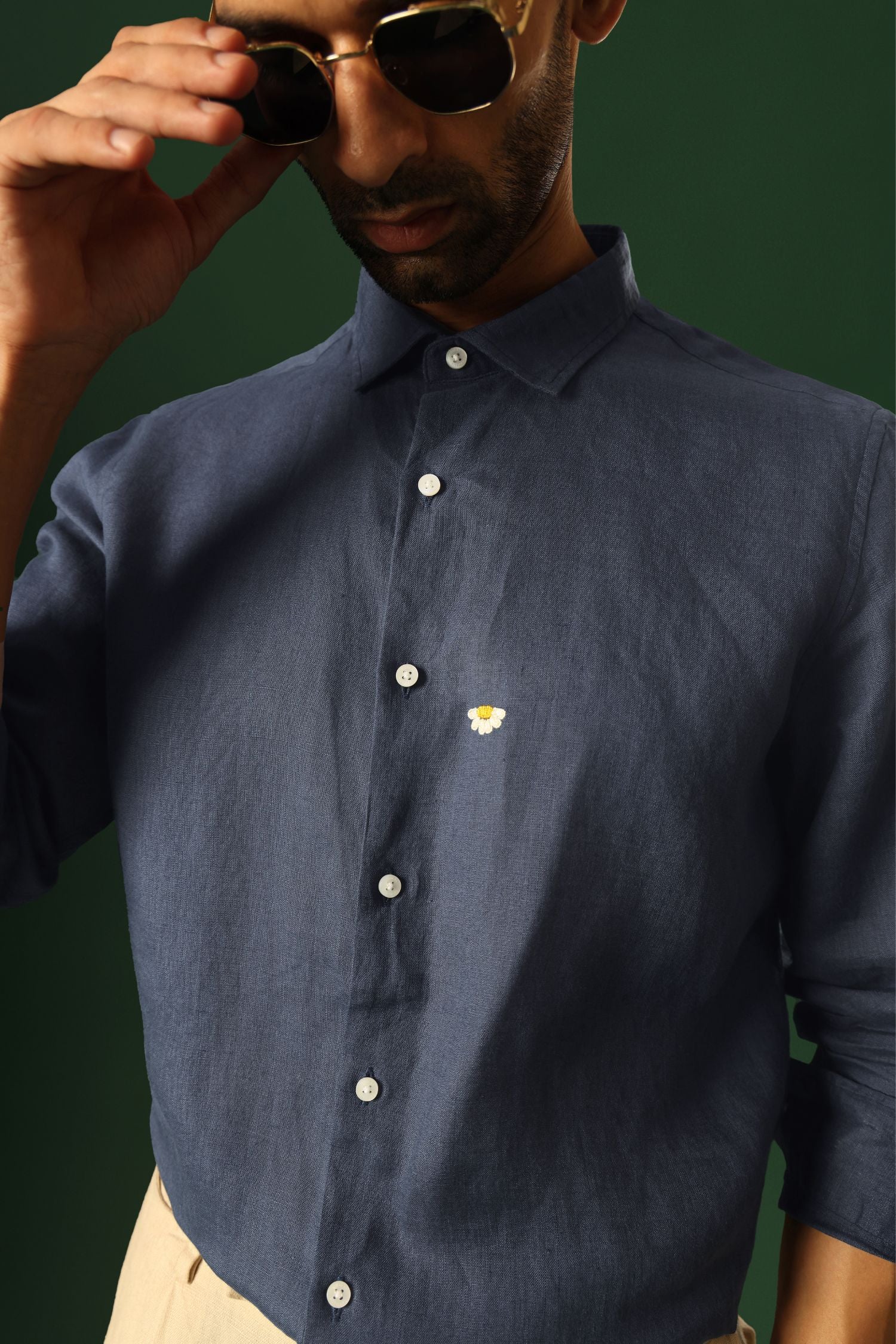 Daisy Hand Embroidered Irish Linen Shirt - Navy