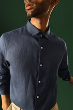 Lady Bug Hand Embroidered Irish Linen Shirt - Navy