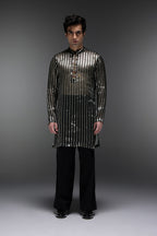 Bottle Green Tissue Stripes - Hand Embroidered Designer Kurta - Bottle Green