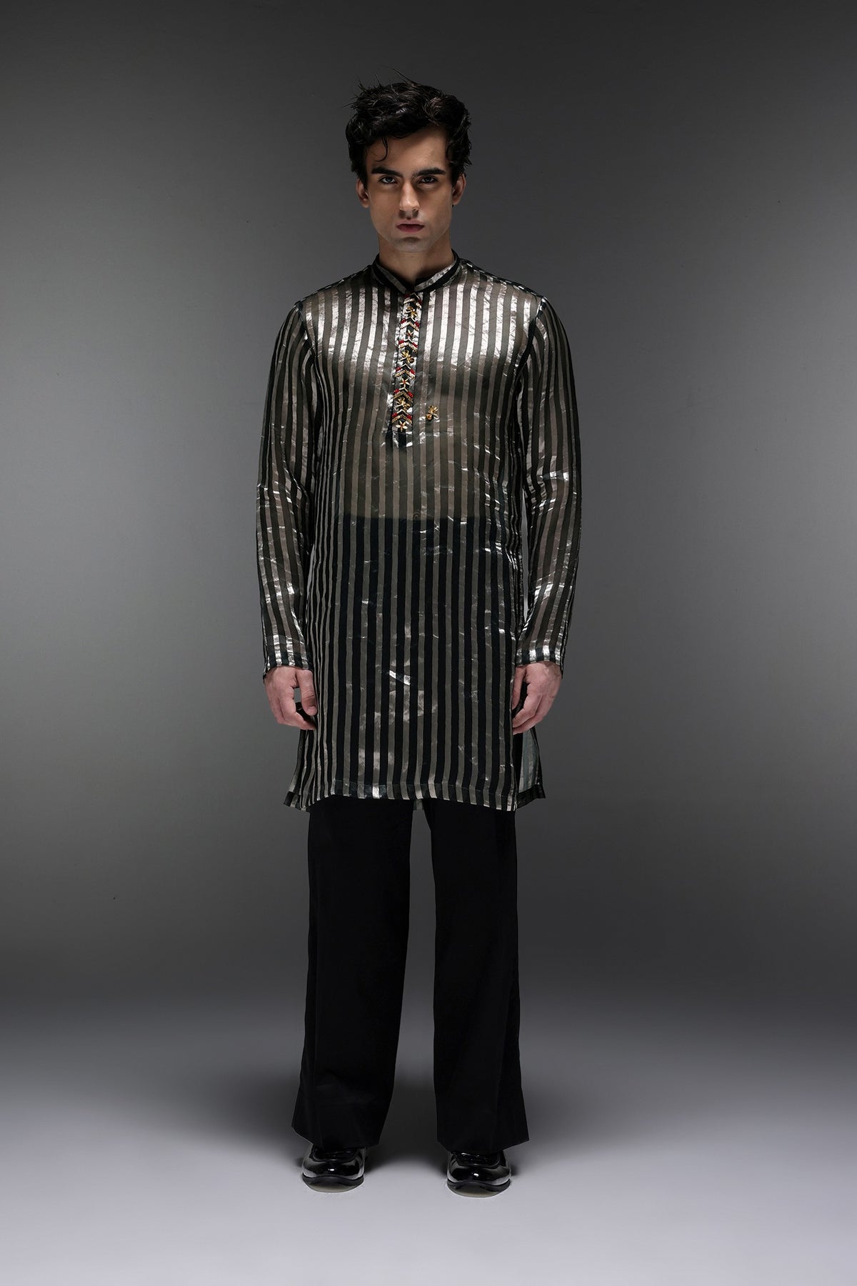 Bottle Green Tissue Stripes - Hand Embroidered Designer Kurta - Bottle Green