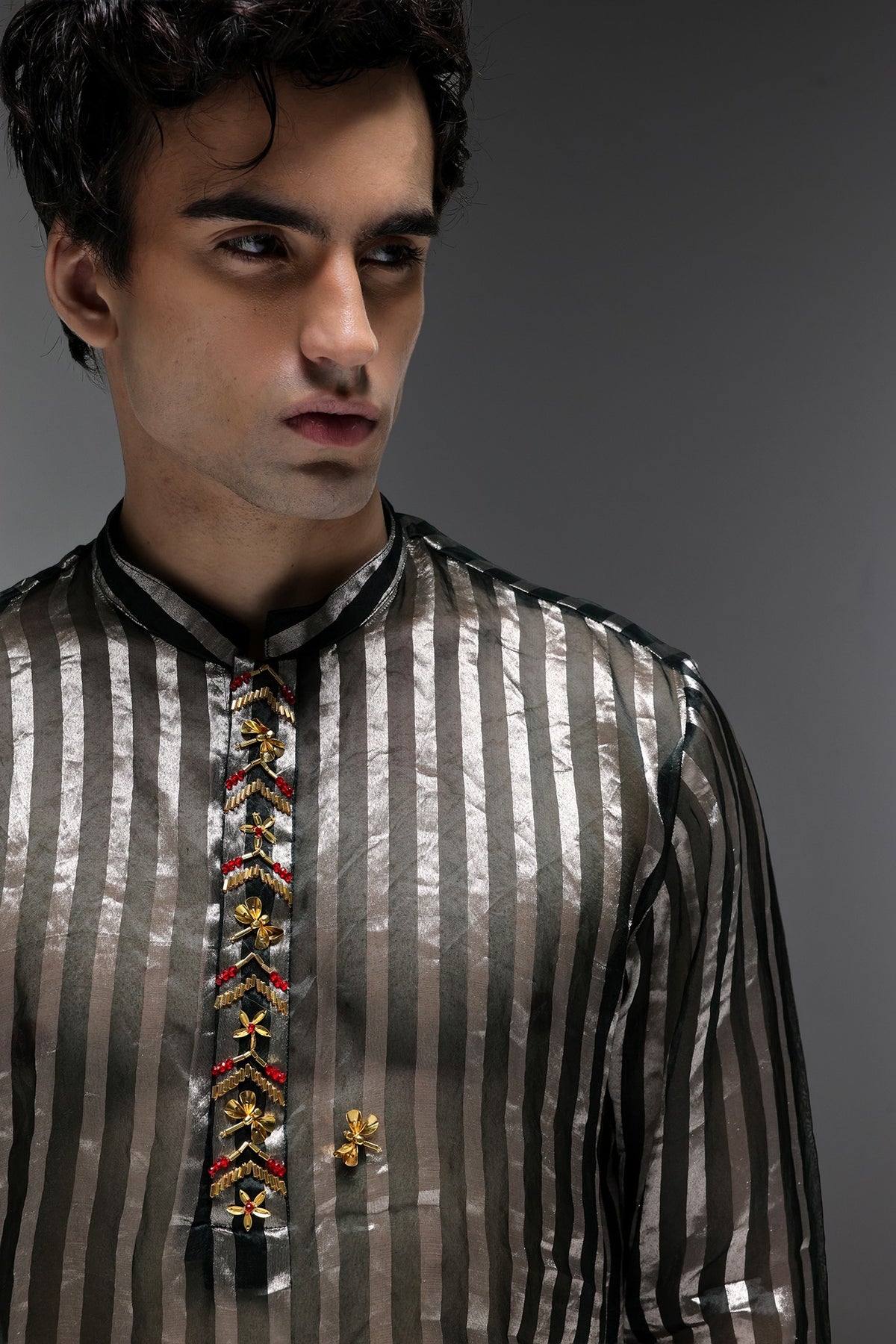 Bottle Green Tissue Stripes - Hand Embroidered Designer Kurta - Bottle Green