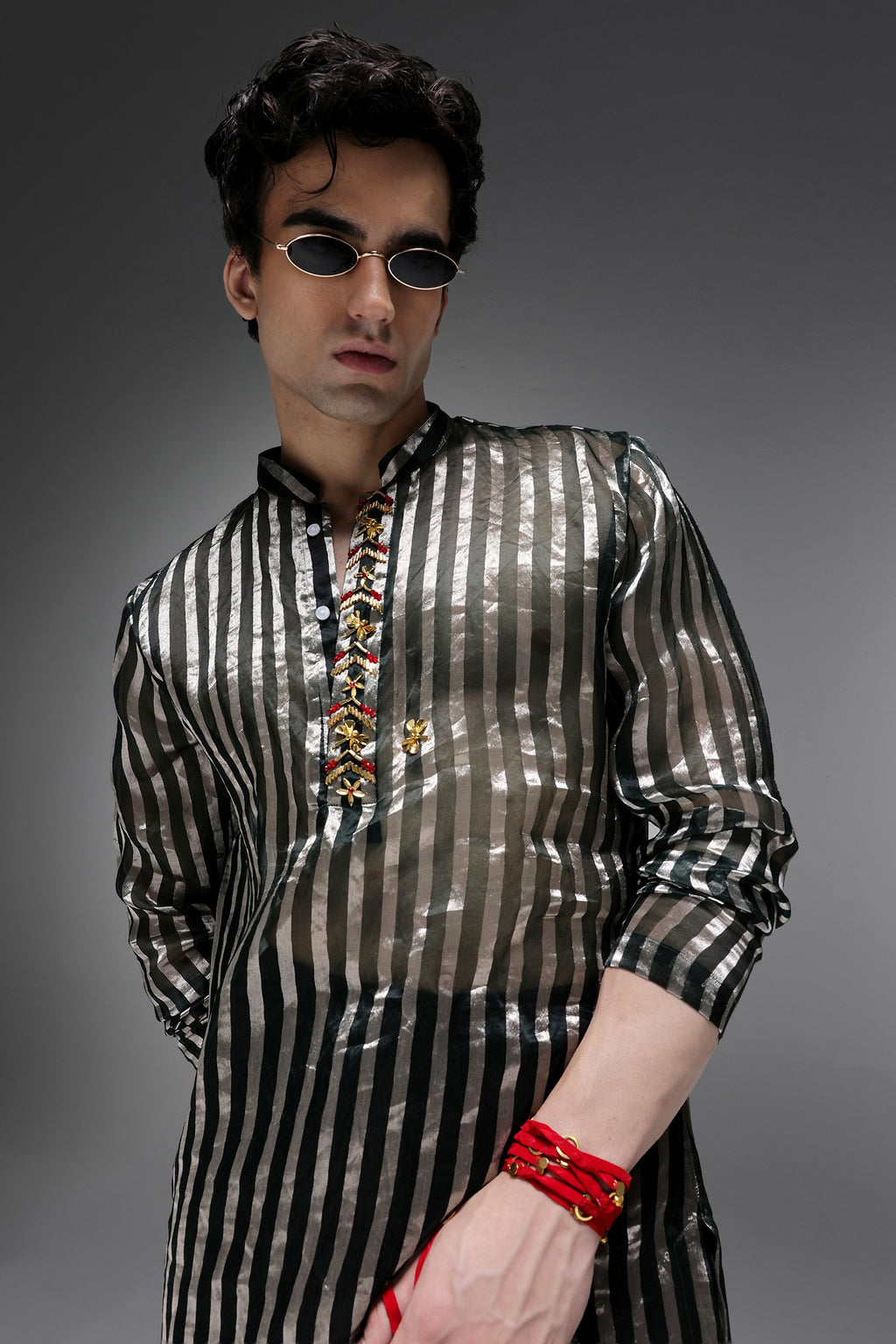 Bottle Green Tissue Stripes - Hand Embroidered Designer Kurta - Bottle Green