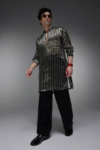 Bottle Green Tissue Stripes - Hand Embroidered Designer Kurta - Bottle Green