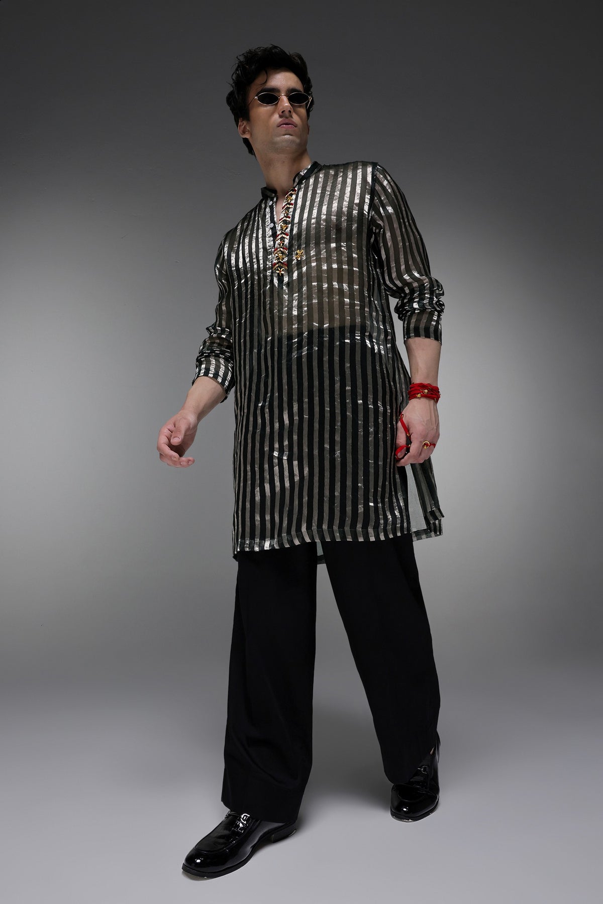 Bottle Green Tissue Stripes - Hand Embroidered Designer Kurta - Bottle Green