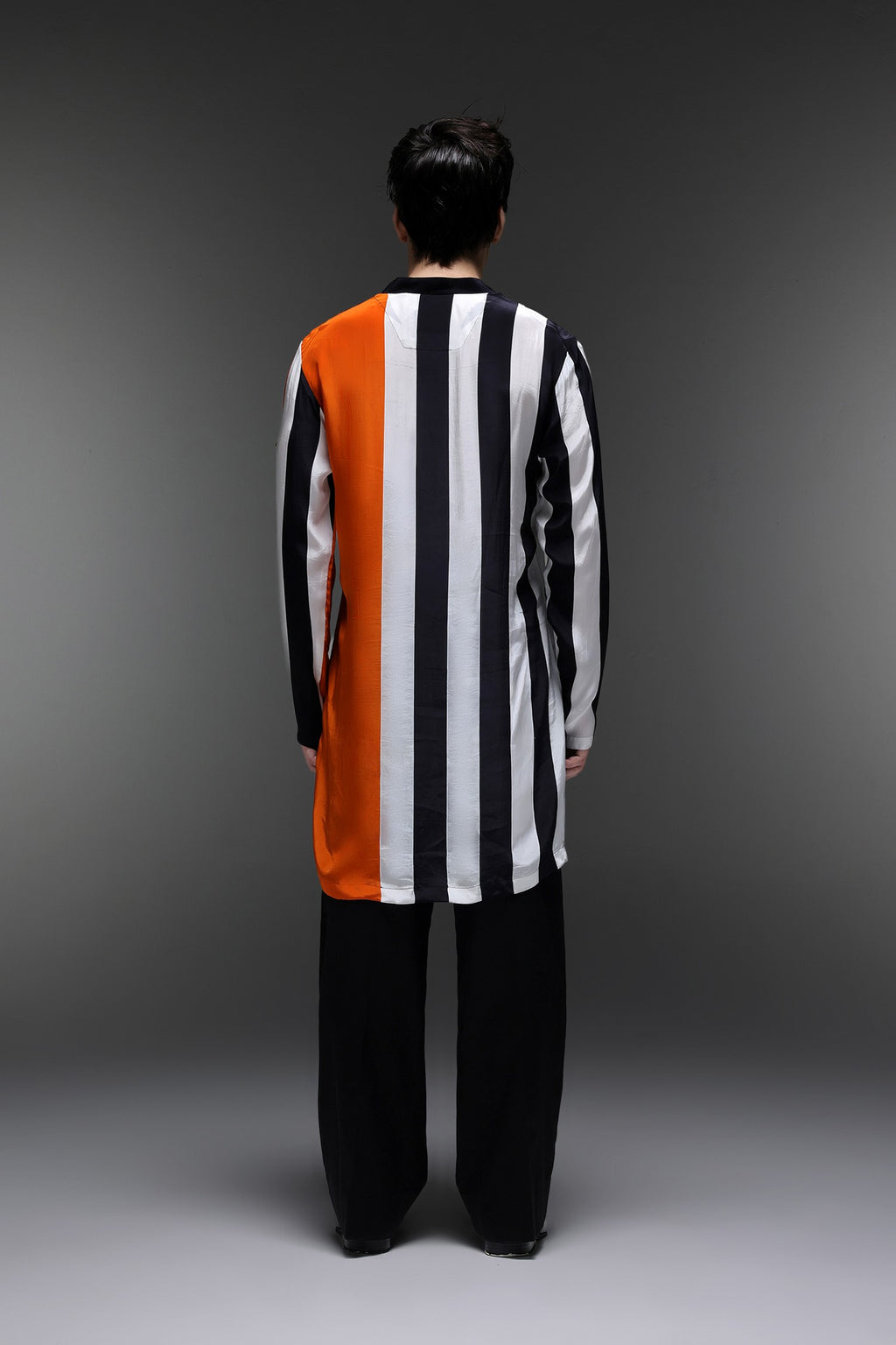 Buzz(Bee) - Hand Embroidered Designer Kurta - Tangerine With Stripes