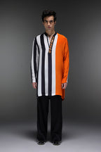 Buzz(Bee) - Hand Embroidered Designer Kurta - Tangerine With Stripes