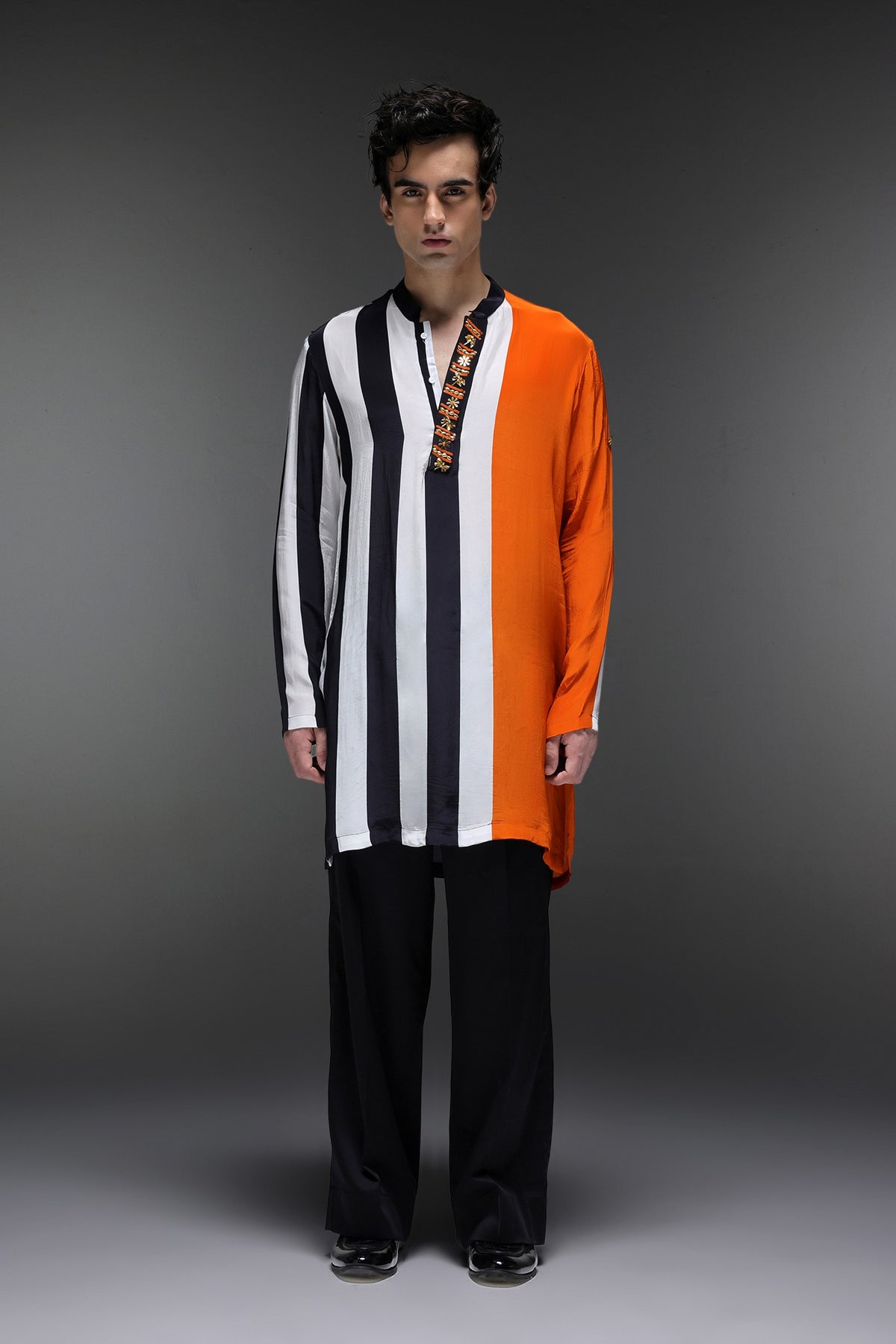 Buzz(Bee) - Hand Embroidered Designer Kurta - Tangerine With Stripes