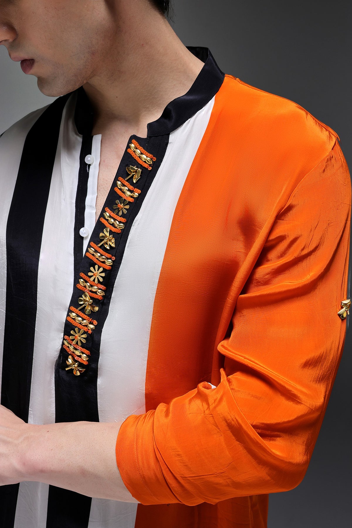 Buzz(Bee) - Hand Embroidered Designer Kurta - Tangerine With Stripes