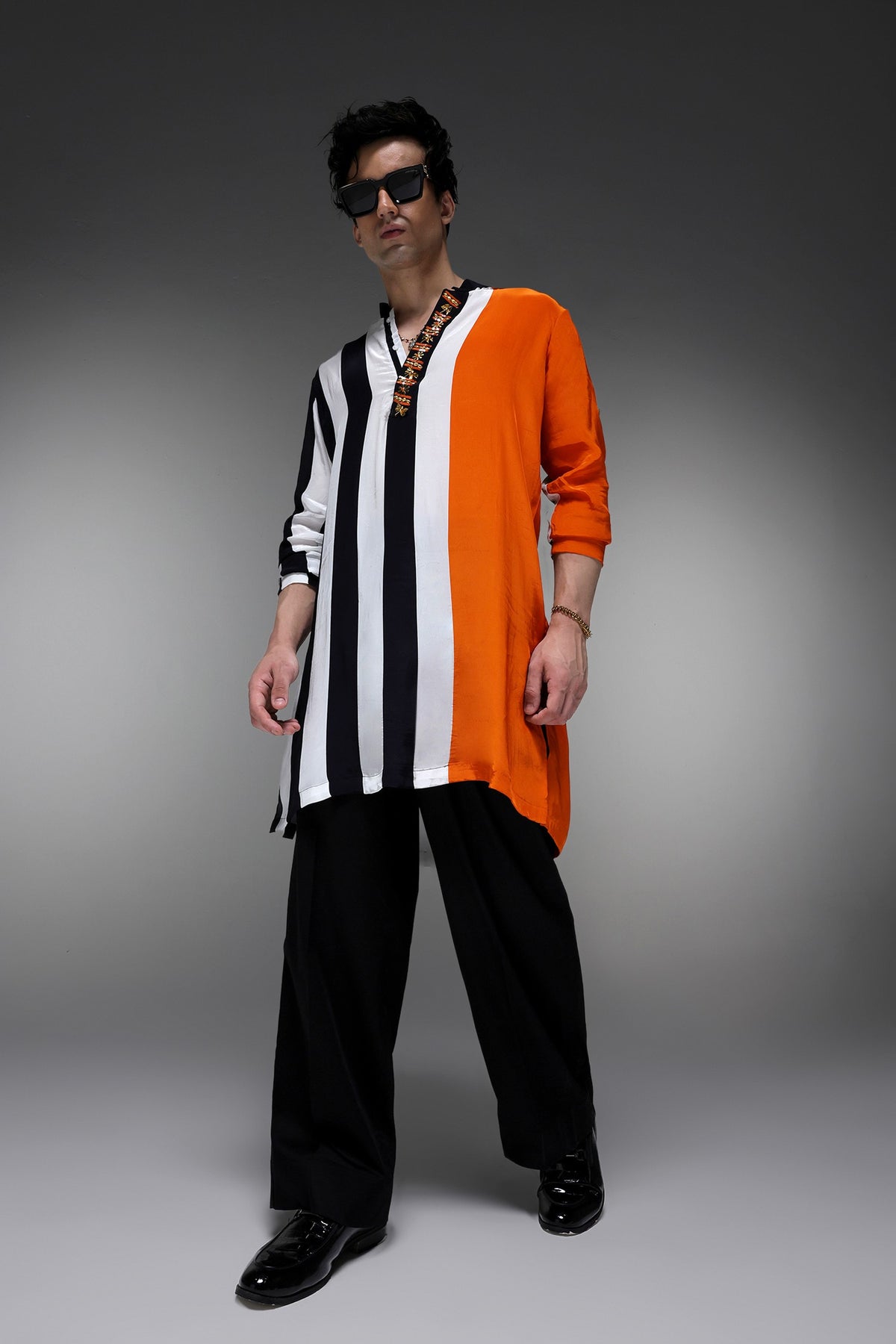 Buzz(Bee) - Hand Embroidered Designer Kurta - Tangerine With Stripes