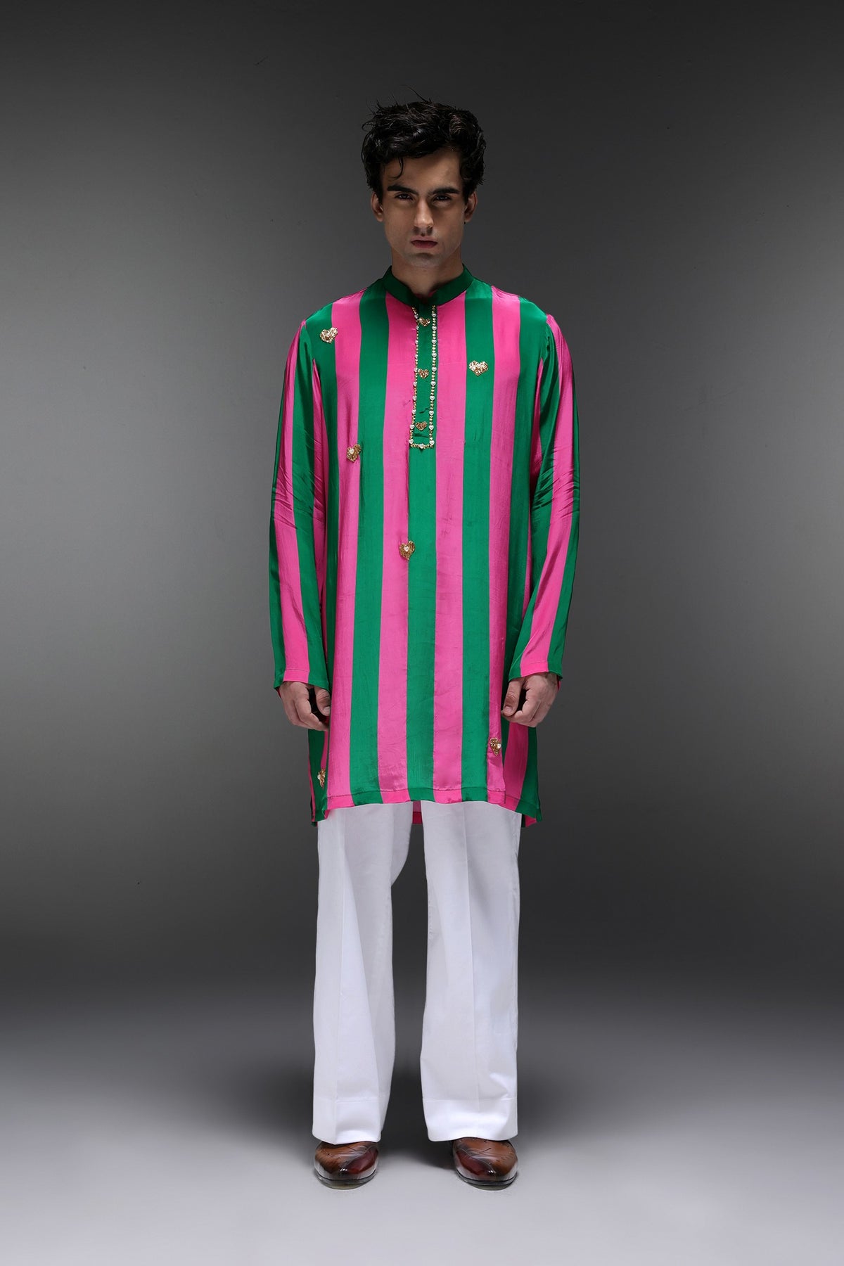 Clio - Hand Embroidered Designer Kurta - Pink & Green