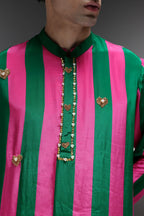 Clio - Hand Embroidered Designer Kurta - Pink & Green