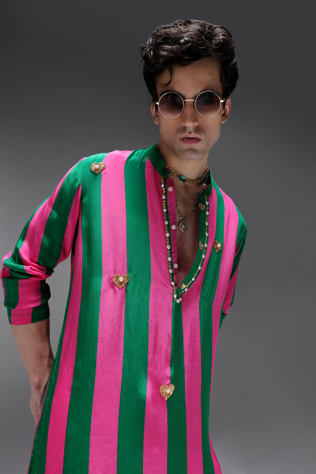 Clio - Hand Embroidered Designer Kurta - Pink & Green