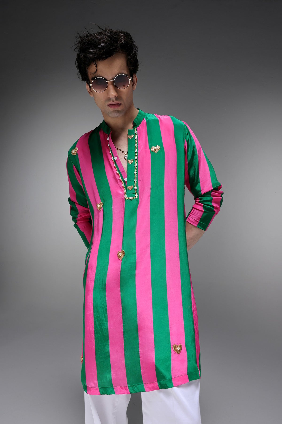 Clio - Hand Embroidered Designer Kurta - Pink & Green