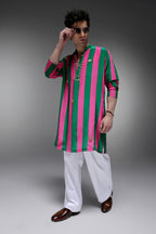 Clio - Hand Embroidered Designer Kurta - Pink & Green