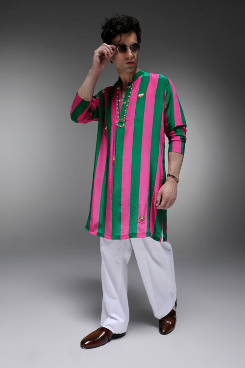 Clio - Hand Embroidered Designer Kurta - Pink & Green