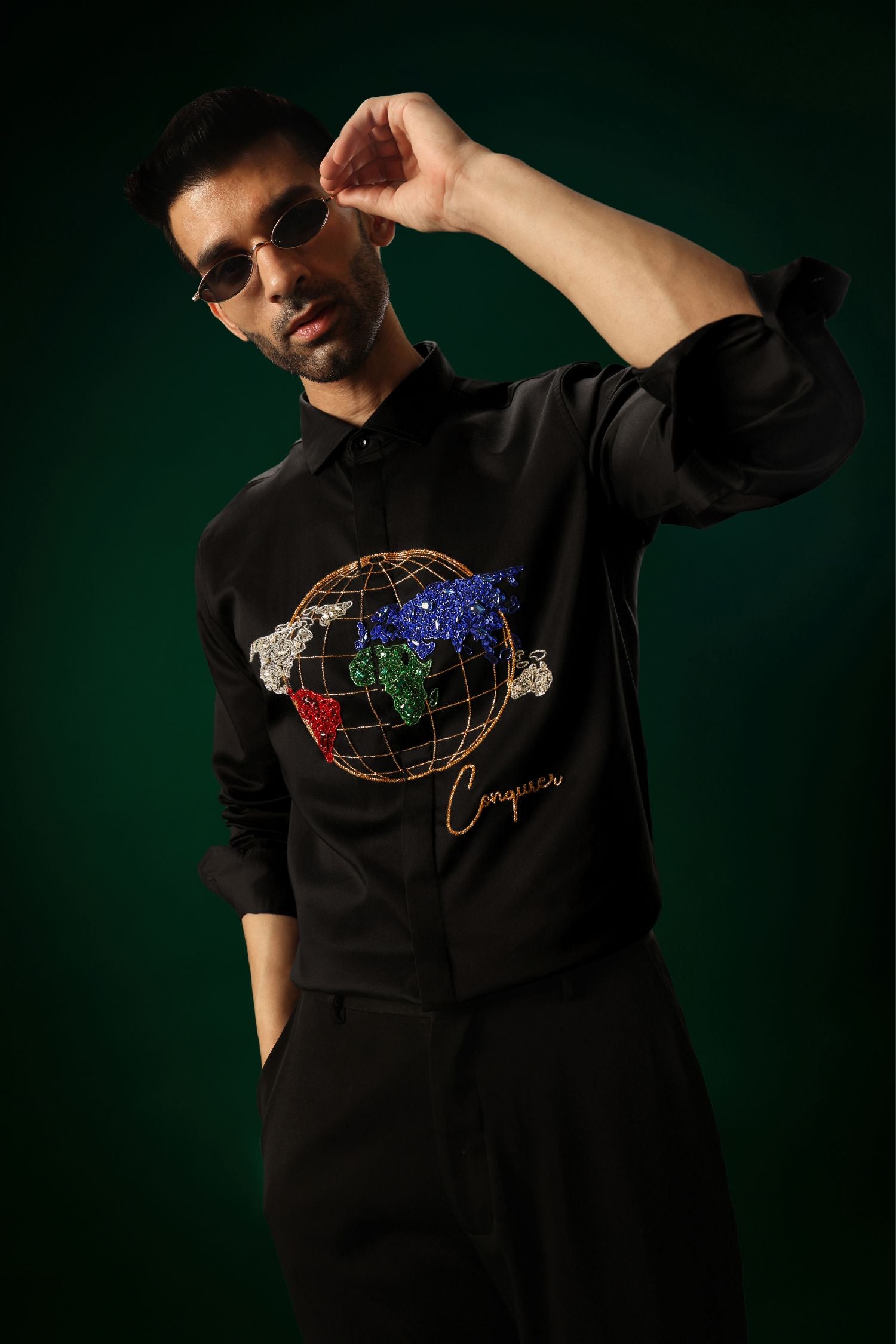Conquerer(Globe) - Hand Embroidered Designer Shirt