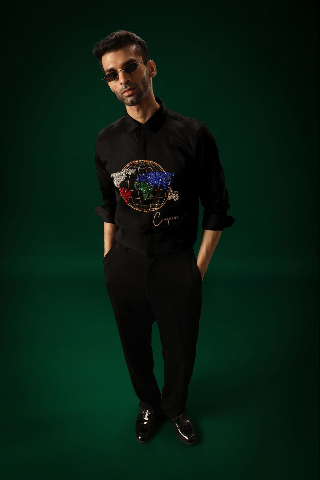 Conquerer(Globe) - Hand Embroidered Designer Shirt