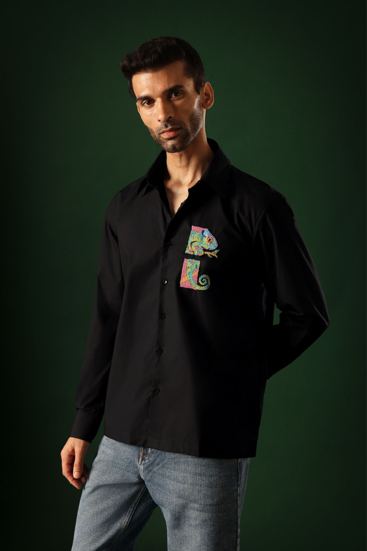 Chameleon - Hand Embroidered Designer Shirt - Black