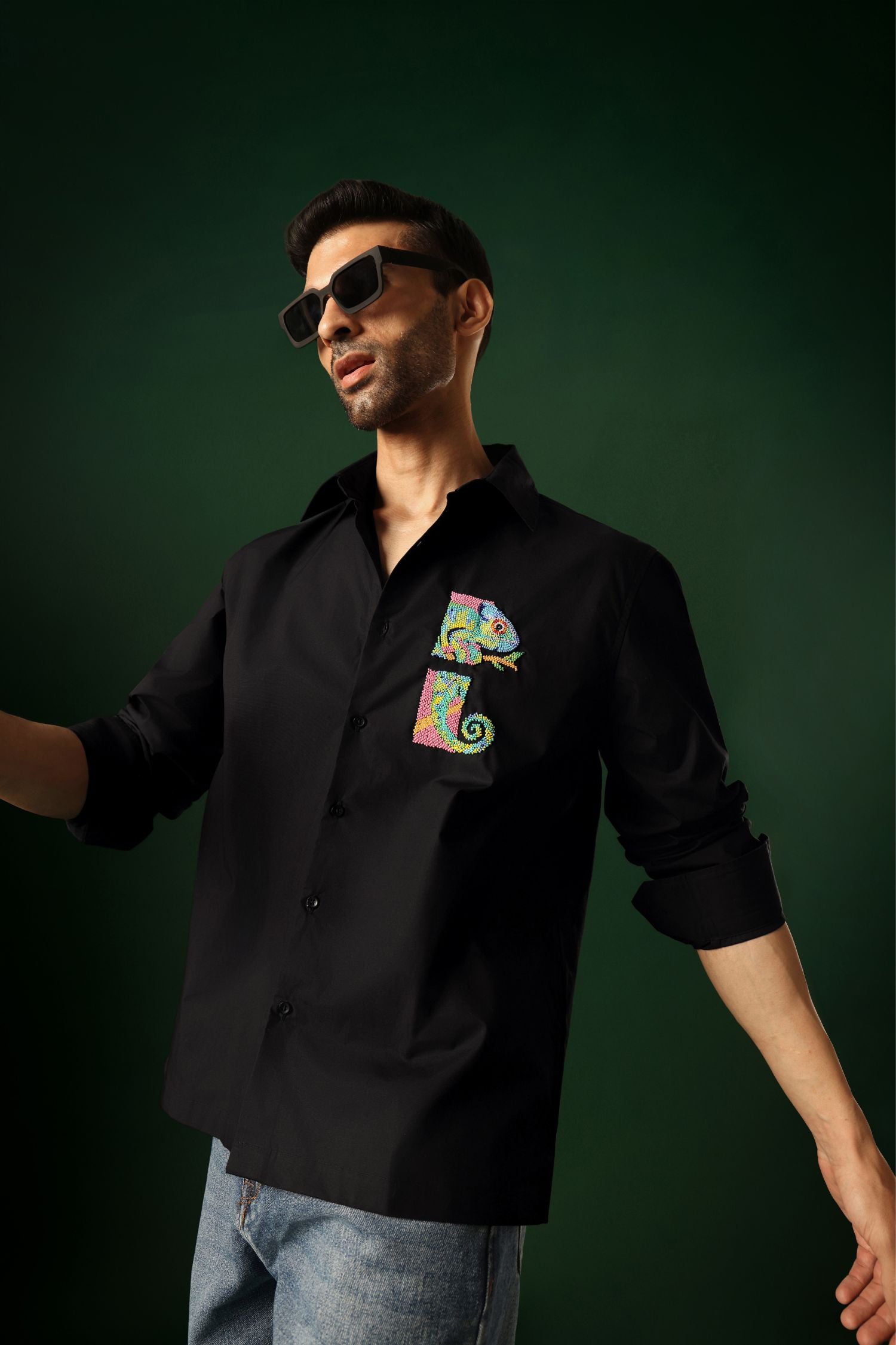 Chameleon - Hand Embroidered Designer Shirt - Black