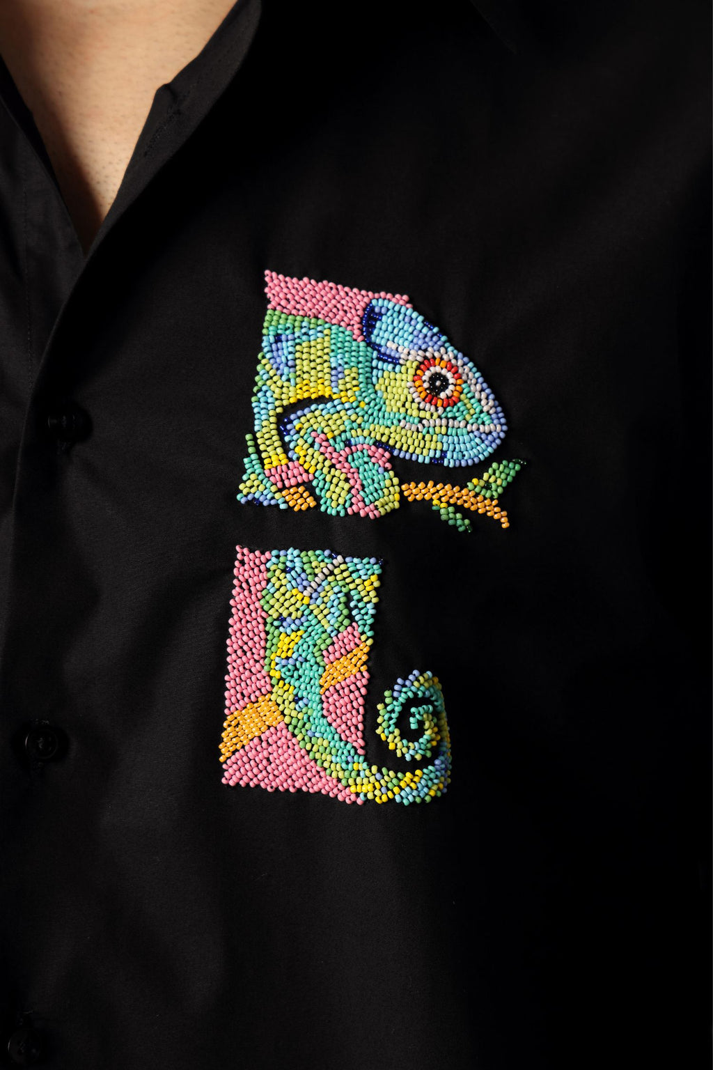 Chameleon - Hand Embroidered Designer Shirt - Black