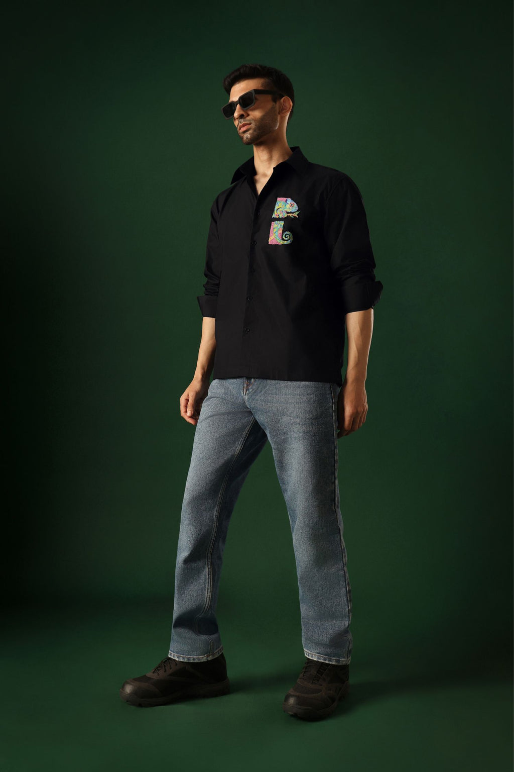 Chameleon - Hand Embroidered Designer Shirt - Black
