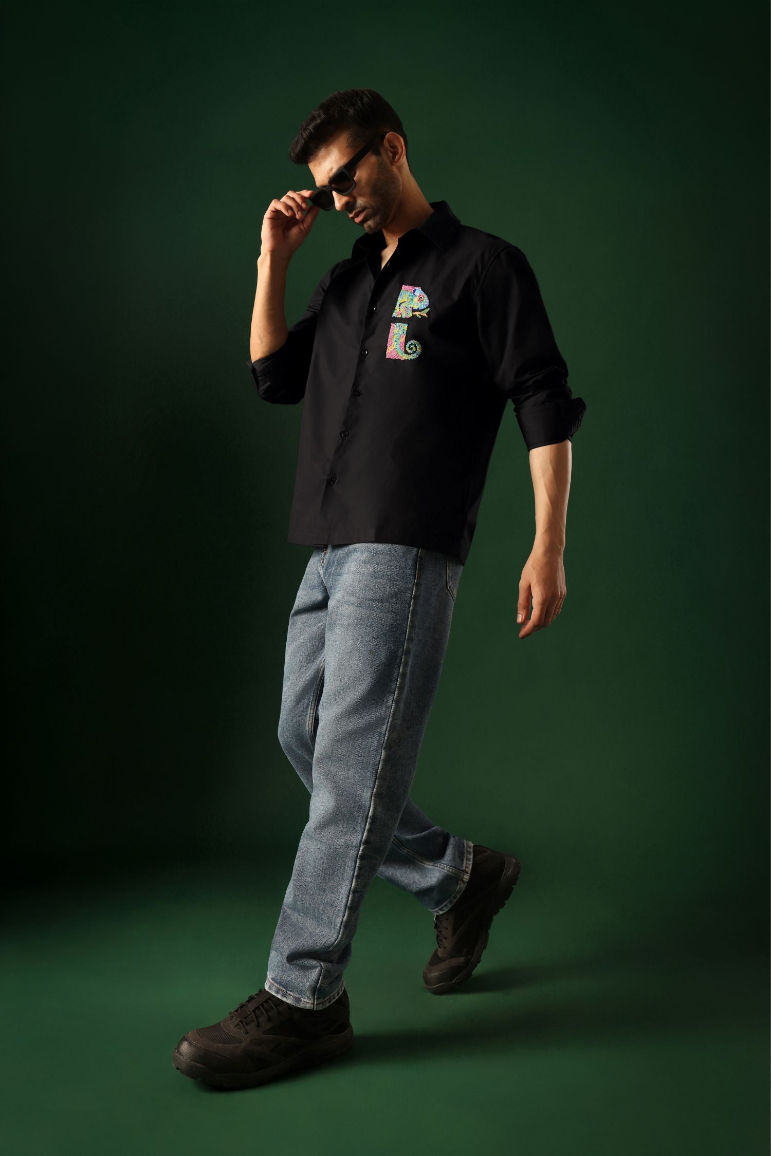 Chameleon - Hand Embroidered Designer Shirt - Black