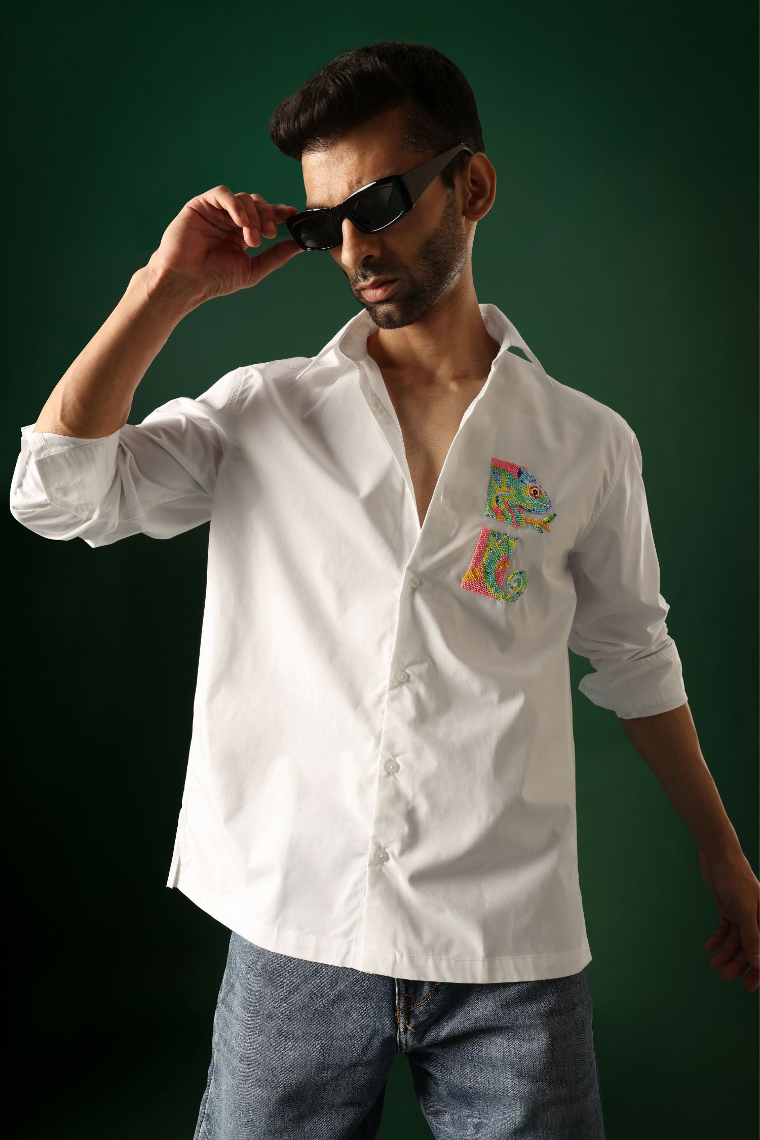 Chameleon - Hand Embroidered Designer Shirt - White