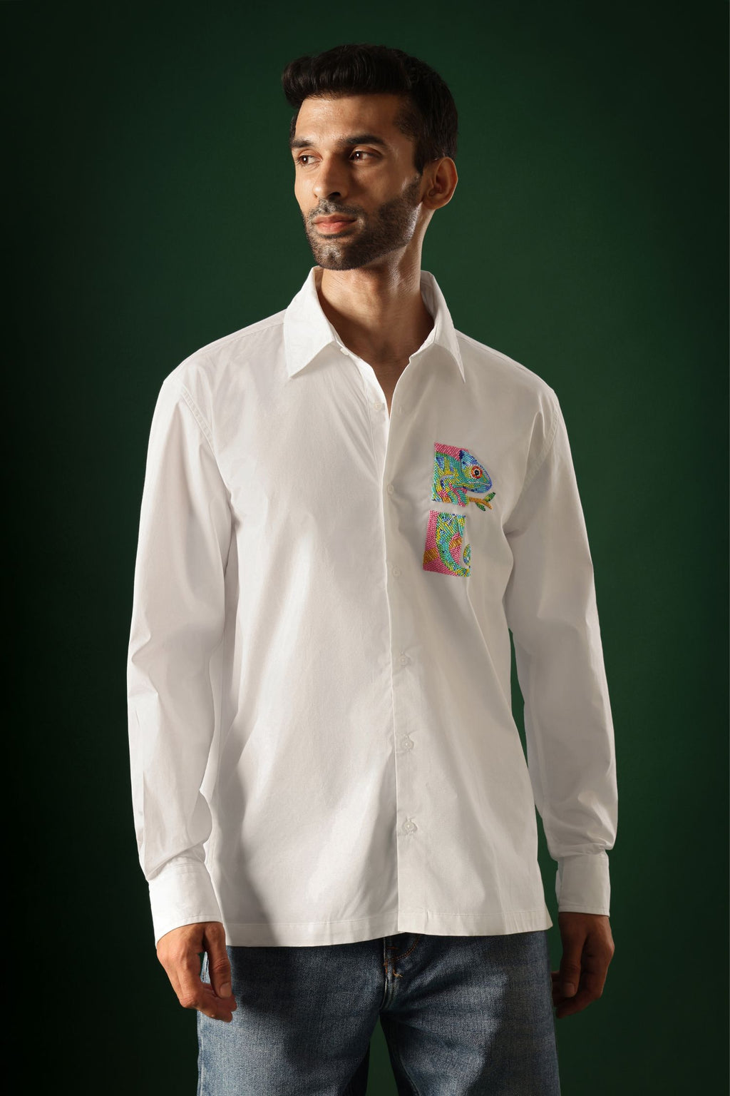 Chameleon - Hand Embroidered Designer Shirt - White