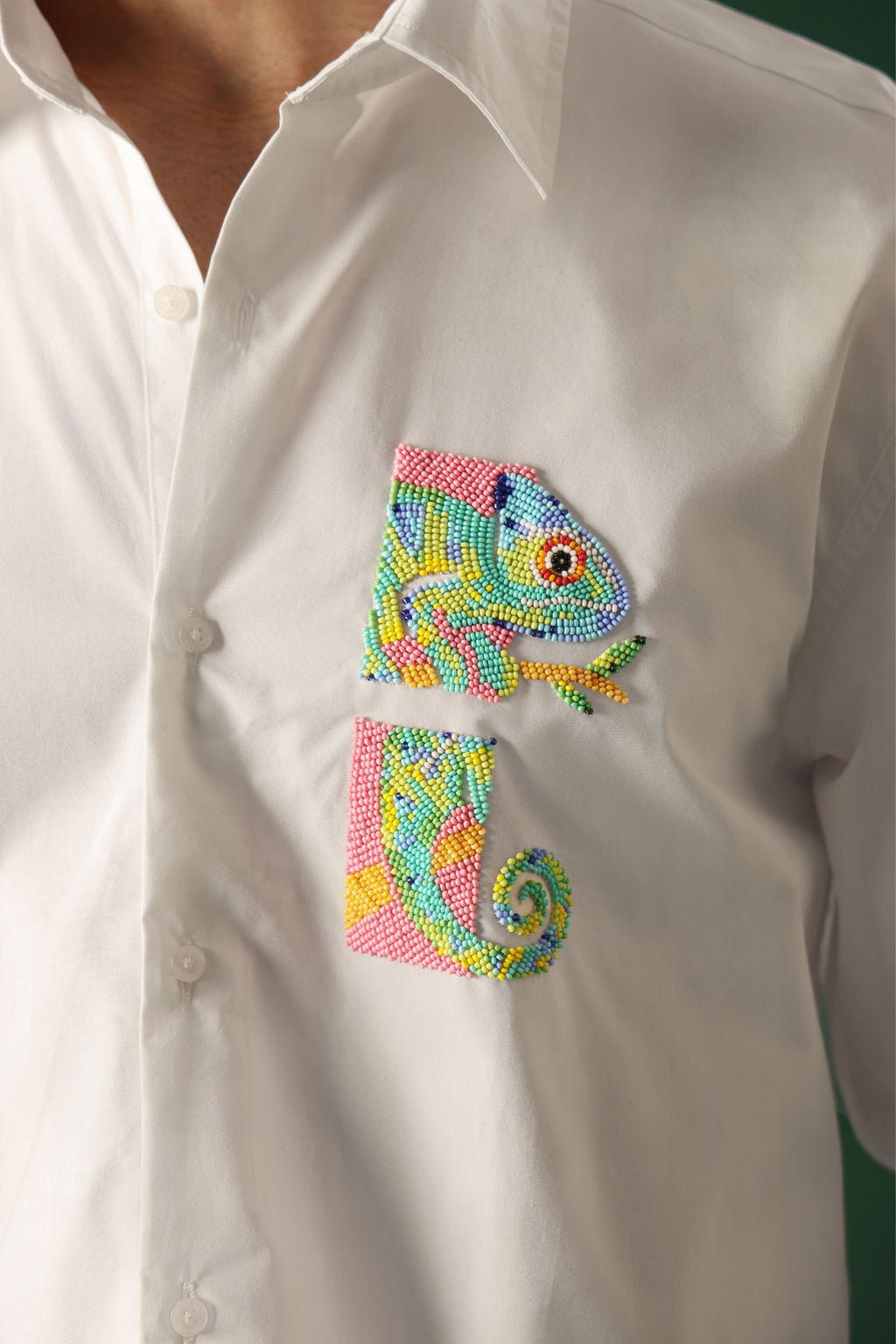 Chameleon - Hand Embroidered Designer Shirt - White