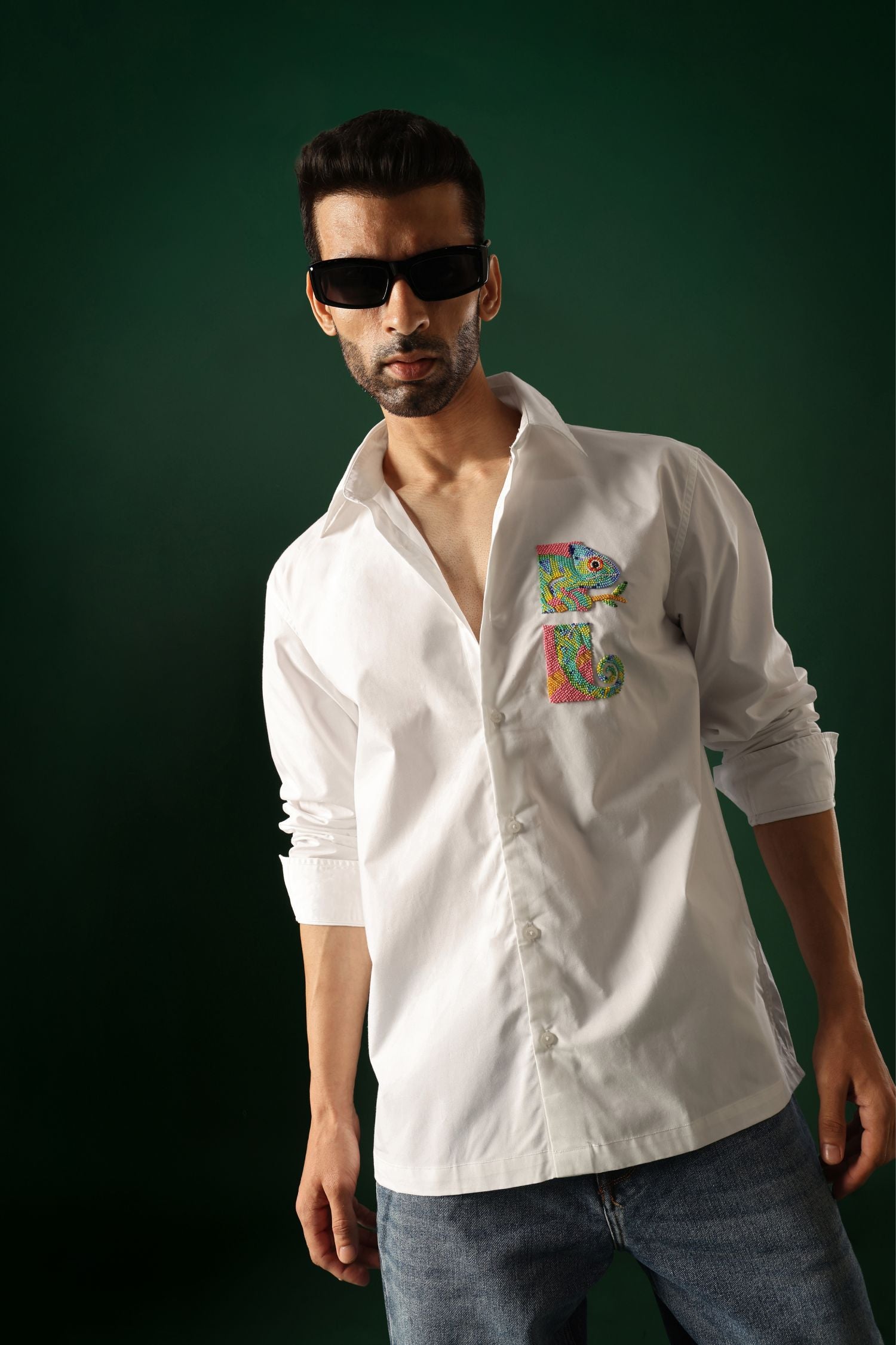 Chameleon - Hand Embroidered Designer Shirt - White