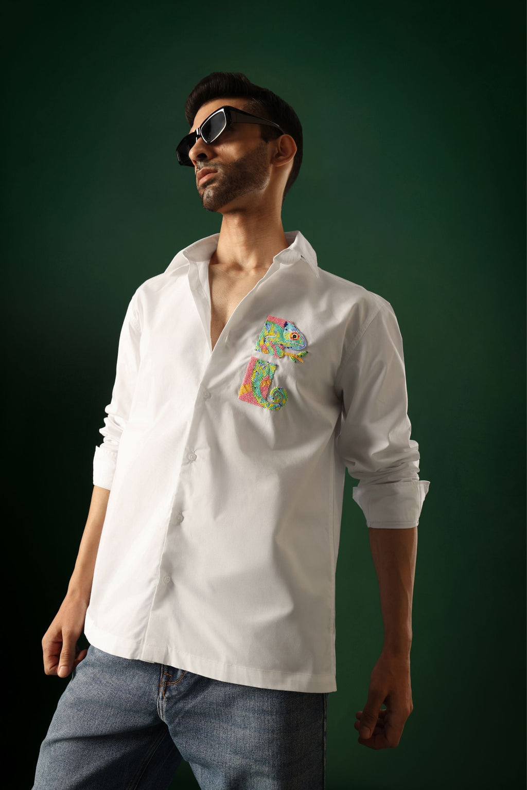 Chameleon - Hand Embroidered Designer Shirt - White