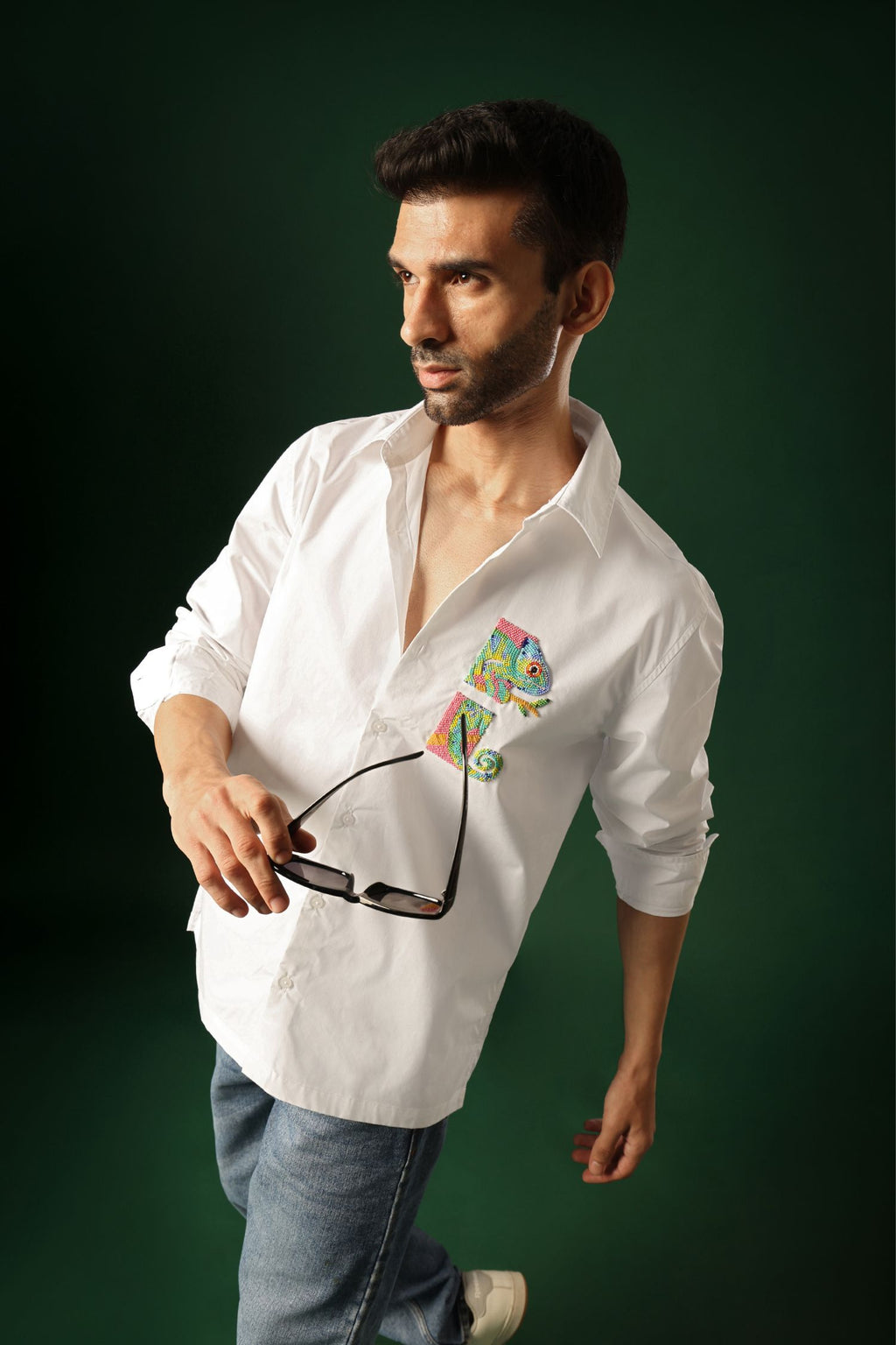 Chameleon - Hand Embroidered Designer Shirt - White