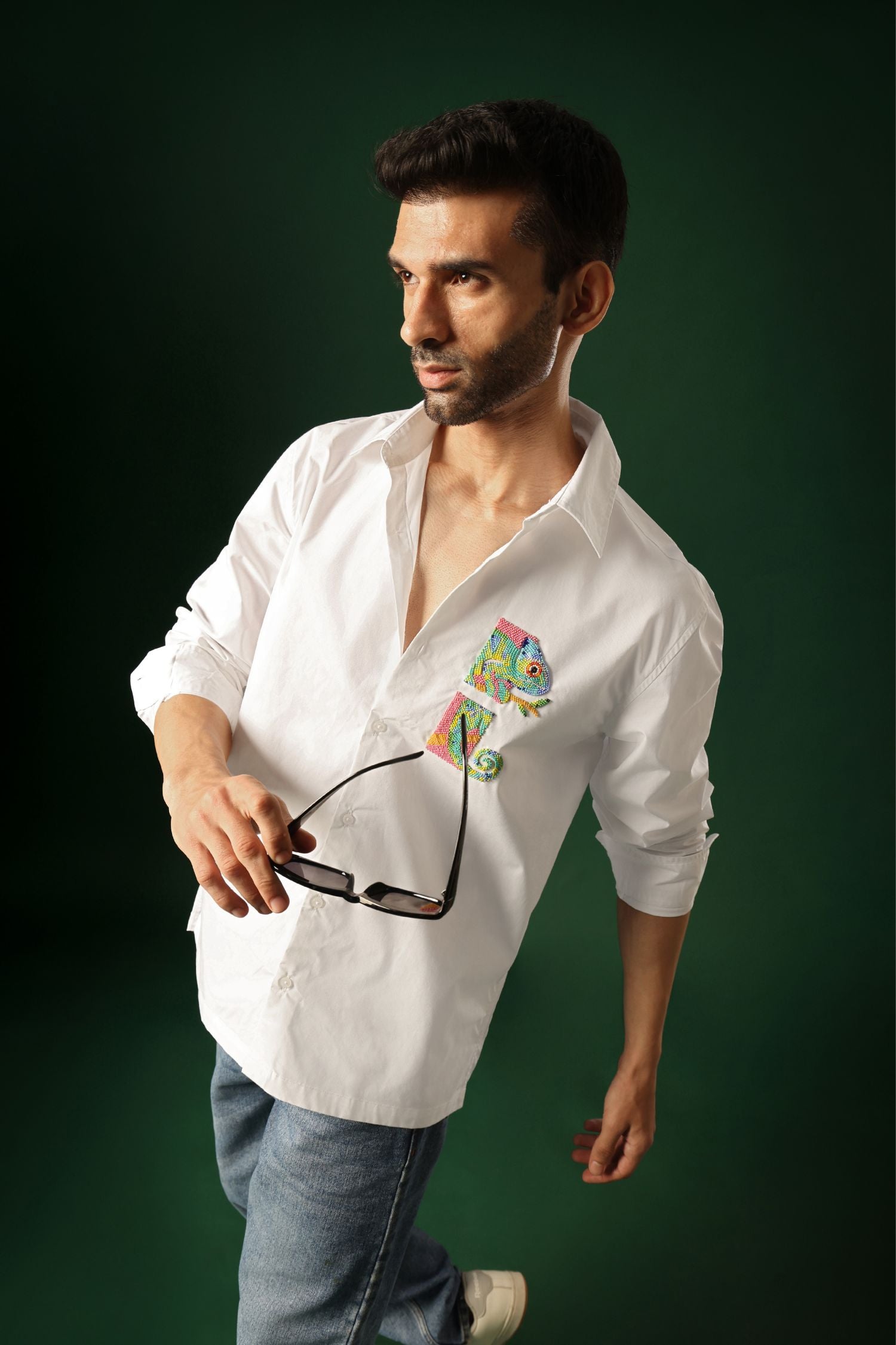 Chameleon - Hand Embroidered Designer Shirt - White