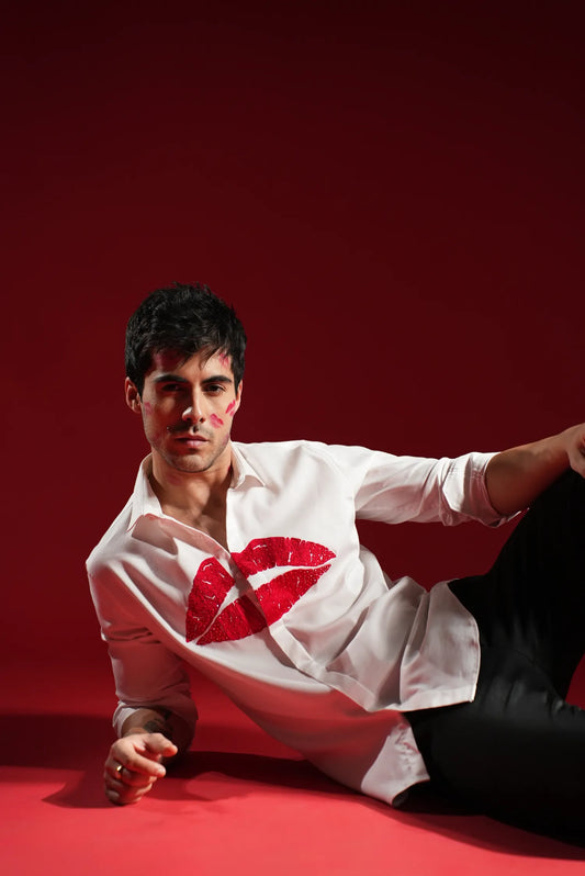Lips- Hand Embroidered Designer Shirt - White